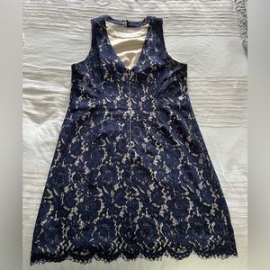 Vince Camuto Navy Tan Eyelash Lace Overlay Classic Sleeveless Dress, Size 12